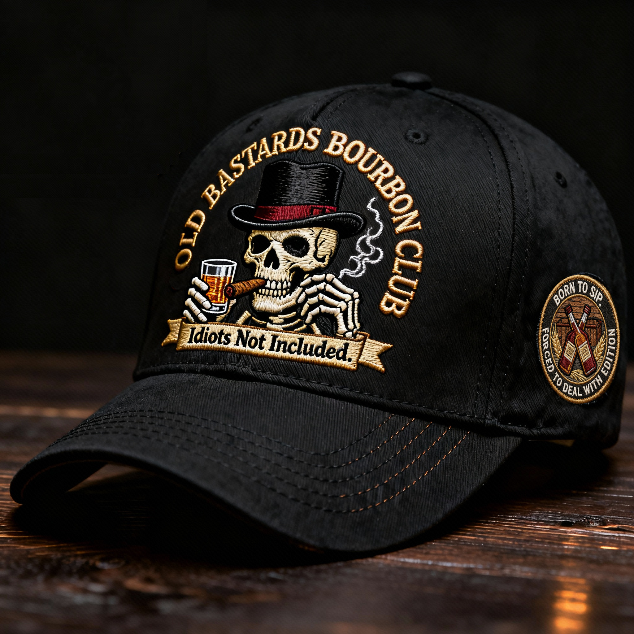 “Old Bastards Bourbon Club Hat — For Men Who Don't Give a Damn.”