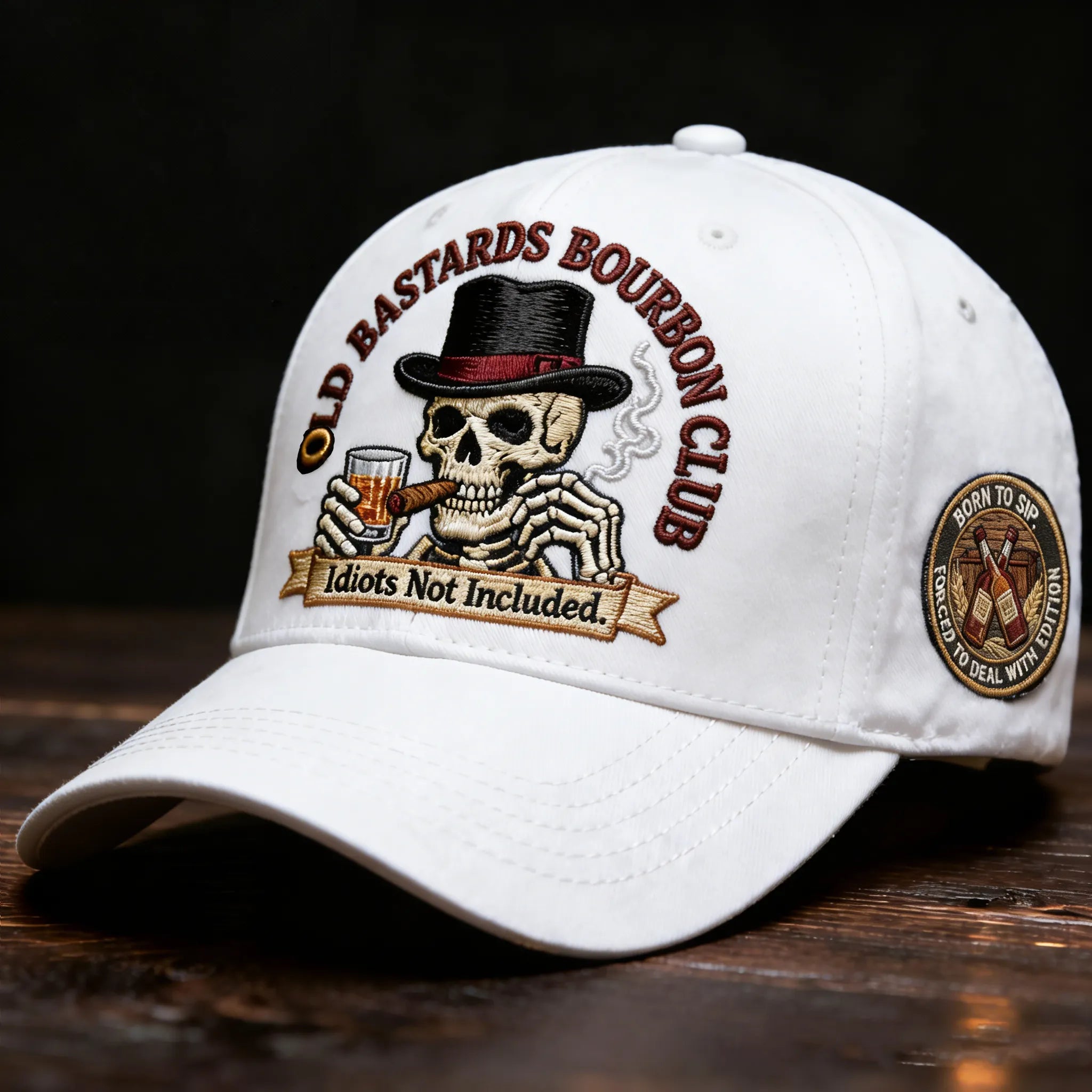 “Old Bastards Bourbon Club Hat — For Men Who Don't Give a Damn.”
